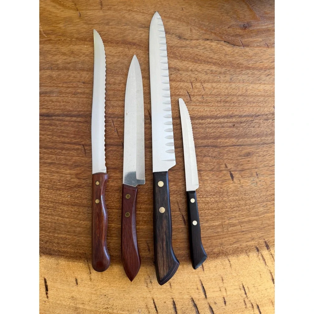 Vintage Ekco Flint Eterna Knife 4pc Stainless Wood Handle USA Slicer Serrated